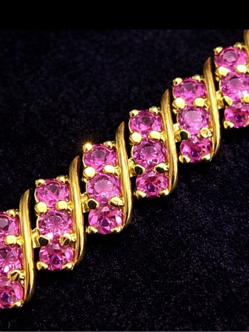 Suzanne Somers vintage pink sapphire CZ tennis line statement bracelet Gold HSN